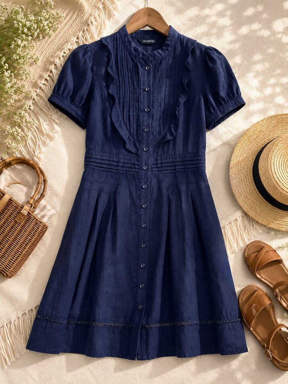 Mind Bridge Navy Blue Shirt Dress Small Pintuck Ruffle Button Front Preppy